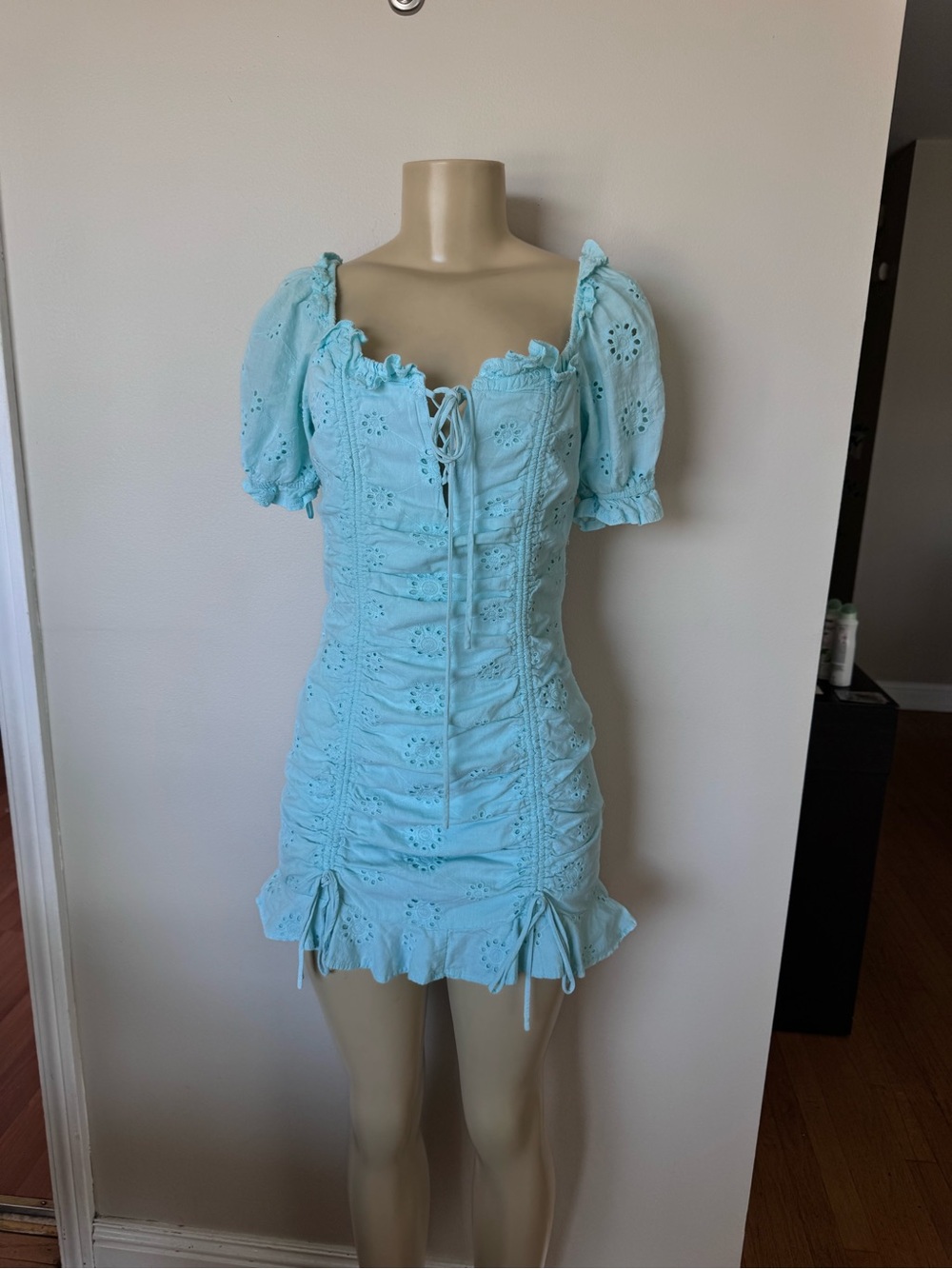 Mango Light Blue Eyelet Lace-Up Puff Sleeve Mini Dress